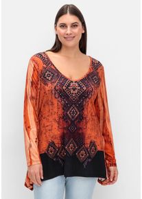 Große Größen Langarmshirt im Ethno-Stil, mit Zipfelsaum Gr. 52 schwarz von sheego für Damen