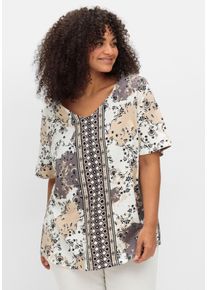 Große Größen Kurzarmshirt mit Allover- und Bordürenprint Gr. 54 beige gemustert von sheego für Damen