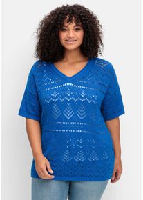 Große Größen Kurzarm-Pullover im Ajourstrick, in Oversize-Form Gr. 48/50 blau von sheego für Damen