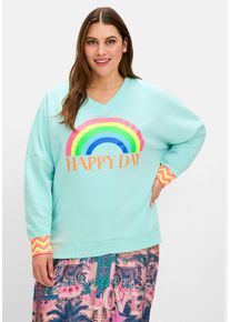 sheego loves miss goodlife Große Größen Sweatshirt mit Frontdruck und Streifenbündchen Gr. 56 blau von sheego für Damen