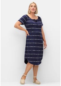 Große Größen Streifenkleid mit Carmenausschnitt und rundem Saum Gr. 58 blau von sheego für Damen