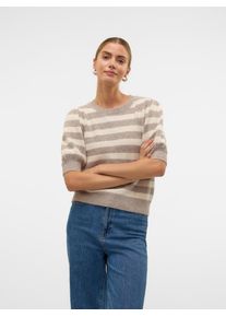 Véro Moda VERO MODA Damen Kurzarmpullover "VMDOFFY 2/4 O-NECK PULLOVER GA NOOS"moon rock stripes:birch, modisch, Gr. M, gestreift, Strick, Obermaterial: 94%
