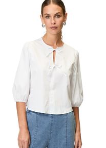 Zero Damen Klassische Bluse "Zero Bluse mit Schleifen", weiß, Gr. 40, unifarben, Web, Obermaterial: 71% Baumwolle, 26% Polyamid, 3% Elastan.