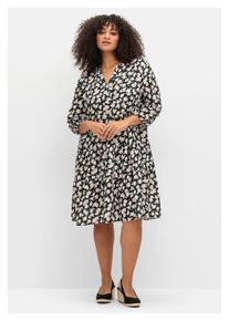 sheego Damen Druckkleid "Große Größen", schwarz, feminin, Gr. 48, gemustert, Obermaterial: 100% Polyester, Kleider, mit gerafften Stufen