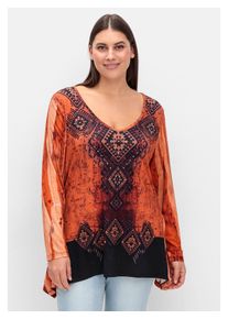 sheego Damen Langarmshirt "Große Größen", schwarz, feminin, Gr. 50, gemustert, Obermaterial: 95% Viskose, 5% Elasthan, Shirts, im Ethno-Stil, mit