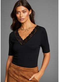 Laura Scott Damen V-Shirt, schwarz, feminin, Gr. 38, unifarben, Jersey, Obermaterial: 95% Viskose, 5% Elasthan. Spitze: 95% Polyester, 5% Elasthan,