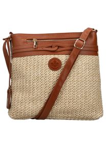 Rieker Damen Umhängetasche, beige, Textil, Lederimitat, Flechtoptik, Taschen, Schultertasche, Damen-Tasche mit abnehmbarem Logo-Anhänger