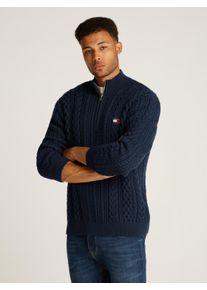 Tommy Jeans Herren Stehkragenpullover "TJM REG CABLE S FLAG 1/4 ZIP", blau, casual, Gr. L, unifarben, Strick, Obermaterial: 75% Polyacryl, 15%