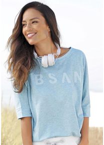 ELBSAND 3/4-Arm-Shirt 'Iduna' blau Gr. S (36) für Damen. Rundhals und Logodruck. Figurumspielend. Nachhaltig.