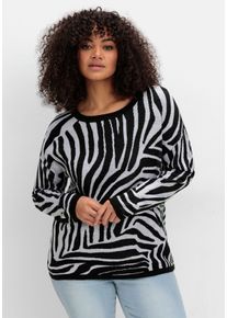 Große Größen Pullover mit Zebramuster und Kontrastdetails Gr. 50 schwarz von sheego für Damen