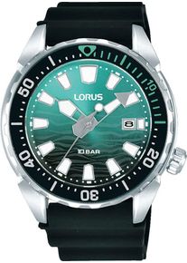 Lorus Herren Quarzuhrschwarz, hellgrün, Armbanduhren, Armbanduhr, Herrenuhr, Edelstahlarmband, analog, Datum, Leuchtindizes