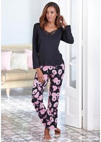 Lascana Pyjama mehrfarbig Gr. 32/34 für Damen. V-Ausschnitt und Allover-Druck. Basic. Nachhaltig.