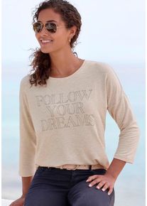 Lascana 3/4-Arm-Shirt 'mit Schriftzug aus Strasssteinen' beige Gr. 32/34 für Damen. Rundhals und Steinchen, Glitzersteine, Schriftzug, Strass-Steine. Bequem. Nachhaltig.