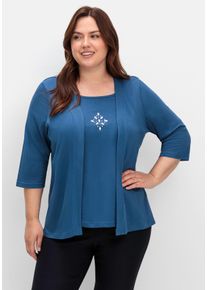 Große Größen Shirt in 2-in-Optik, mit 3/4-Ärmeln und Glitzerdetail Gr. 52 blau von sheego für Damen