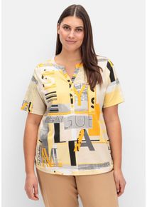 Große Größen Shirt mit Grafikprint und Knopfleiste Gr. 46 braun von sheego für Damen