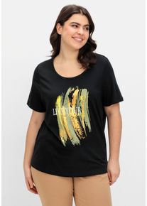 Große Größen Kurzarmshirt mit Frontdruck und Glitzereffekt Gr. 56 schwarz von sheego für Damen