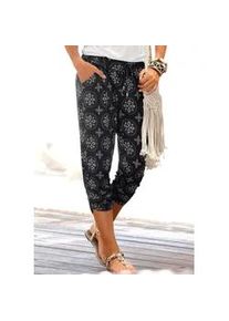 Strandcapri Lascana, Damen, Gr. 38, N-Gr, schwarz (schwarz, beige), Jersey, Obermaterial: 100% Viskose, bedruckt, casual, figurumspielend 3/4-Länge, Hosen, mit Alloverdruck und Taschen, 3/4-Hose, Caprihose, elastisch