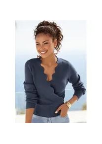 Strickpullover Lascana, Damen, Gr. 40/42, blau (marine), Strick, Obermaterial: 50% Viskose, 28% Polyester, 22% Polyamid, unifarben, figurbetont h&uuml;ftlang, V-Ausschnitt, Pullover Strickpullover, mit Wellenkante, modischer Damenpullover mit besonderem Ausschnitt, Topseller
