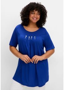 Große Größen Shirt mit Faltendetails und Ziersteinen Gr. 44/46 blau von sheego für Damen