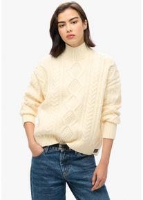 Superdry Damen Strickpullover "CABLE HIGH NECK JUMPER"jasper weiß, casual, Gr. S, gemustert, Strick, Obermaterial: 85% Polyacryl, 9% Nylon, 6%