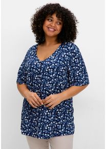 Große Größen Shirt mit Blümchenprint und Knopfleiste Gr. 56/58 blau von sheego für Damen