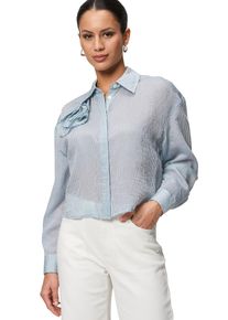 Zero Damen Klassische Bluse "Zero Bluse gestreift mit Stoffblume"weißblau, festlich, Gr. 40, durchscheinend, Web, Obermaterial: 55% Polyester, 30%
