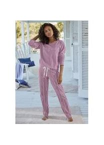 Pyjama Vivance DREAMS, Damen, Gr. 36/38, rot (mauve gestreift), Single Jersey, Obermaterial: 100% Baumwolle, Basic, bequem lang, Rundhals, Homewear-Sets Pyjama, mit Frontdruck