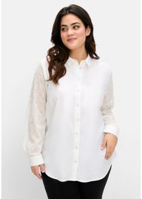Große Größen Bluse im Leinen-Mix, mit Ärmeln aus Spitze Gr. 42 beige geblümt von sheego für Damen