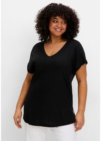 Große Größen T-Shirt mit V-Ausschnitt, aus Flammgarn Gr. 56/58 schwarz von sheego für Damen