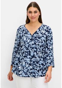 Große Größen Bluse mit floralem Print und 3/4-Trompetenärmeln Gr. 44 blau geblümt von sheego für Damen