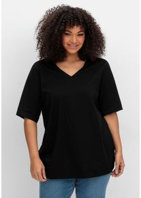 Große Größen Jerseyshirt mit V-Ausschnitt, leicht tailliert Gr. 54 schwarz von sheego für Damen