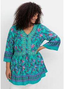 sheego by Joe Browns Große Größen Longbluse im Boho-Stil, mit Trompetenärmeln Gr. 44 blau bedruckt von sheego für Damen