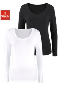 Langarmshirt Vivance "aus elastischer Baumwoll-Qualit&auml;t", Damen, Gr. 32/34, schwarz-wei&szlig; (schwarz, wei&szlig;), Single Jersey, Obermaterial: 95% Baumwolle, 5% Elasthan, unifarben, Basic, bequem normal, tiefer Rundhals, Shirts Langarmshirt, Topseller