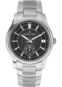 Jacques Lemans Herren Quarzuhr "Derby"silberfarben, schwarz, Armbanduhren, Armbanduhr, Herrenuhr, Lederarmband, analog, Tag, kleine Sekunde
