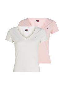 Tommy Jeans Damen T-Shirt "TJW 2PACK V-NECK TEE"ecru, precious pink, casual, Gr. L, unifarben, Jersey, Obermaterial: 100% Baumwolle, Shirts, mit