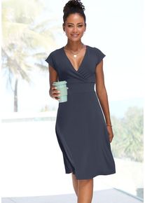 Lascana Midikleid blau Gr. 34 für Damen. Mit tiefer V-Ausschnitt. Figurumspielend. Nachhaltig.