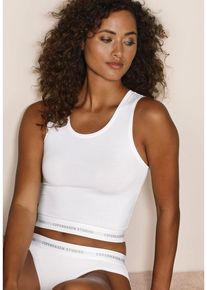 Copenhagen Studios Achseltop weiß Gr. S (36) für Damen. Tiefer Rundhals und Logoschriftzug. Nachhaltig.