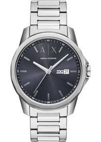 Armani Exchange Herren Quarzuhrsilberfarben, dunkelblau, Armbanduhren, Armbanduhr, Herrenuhr, Edelstahlarmband, analog, Tag, Wochentag
