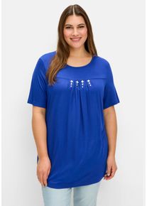 Große Größen Shirt mit Faltendetails und Ziersteinen Gr. 50 blau von sheego für Damen