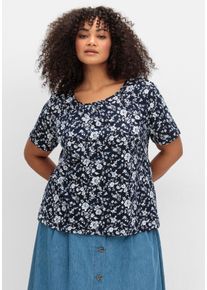 Große Größen Kurzarmshirt mit Faltendetails am Rundhalsausschnitt Gr. 48 blau geblümt von sheego für Damen