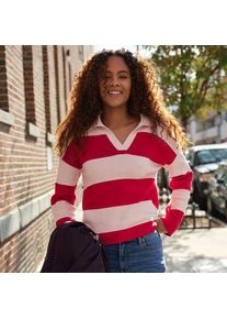 LANDS' END Feinstrick-Polopullover mit Rugbystreifen, Damen,  Rot, Baumwolle, by Lands' End