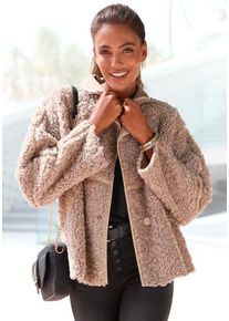 Lascana Fellimitatjacke taupe Gr. 34 für Damen. Mit Lederimitatverzierungen. Figurumspielend