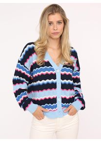 Zwillingsherz Damen Strickjacke ""Streifen Wellen""blau pink, modisch, Gr. S, Obermaterial: 100% Baumwolle, Strickjacken, Mit unifarbenen Bündchen