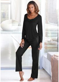 Lascana Pyjama schwarz Gr. 36/38 für Damen. V-Ausschnitt und Spitze. Bequem