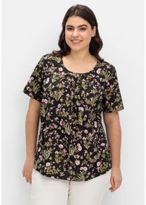 Große Größen Kurzarmshirt mit Blumenprint und Faltendetails Gr. 54 schwarz geblümt von sheego für Damen
