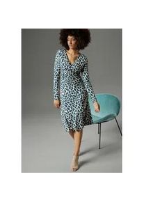 Jerseykleid Aniston SELECTED, Damen, Gr. 38, N-Gr, blau (beige, blau, gemustert), Single Jersey, Obermaterial: 95% Viskose, 5% Elasthan, animal-print, bedruckt, gemustert, figurbetont knieumspielend, V-Ausschnitt, Kleider Jerseykleid, mit farbigem animal-print