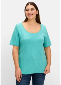 Große Größen Rippshirt im Ajourmuster, mit Spitzendetails Gr. 40/42 blau von sheego für Damen