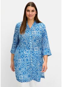 Große Größen Longbluse mit Blätterdruck und 3/4-Ärmeln Gr. 48 blau geblümt von sheego für Damen