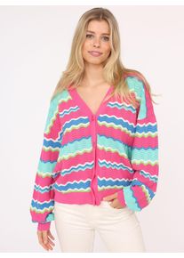 Zwillingsherz Damen Strickjacke ""Streifen Wellen""pink petrol, modisch, Gr. S, Obermaterial: 100% Baumwolle, Strickjacken, Mit unifarbenen Bündchen