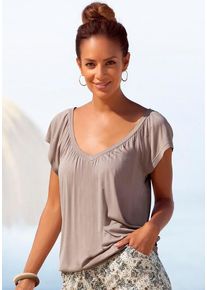Lascana V-Shirt taupe Gr. 32/34 für Damen. Mit tiefer V-Ausschnitt. Figurumspielend
